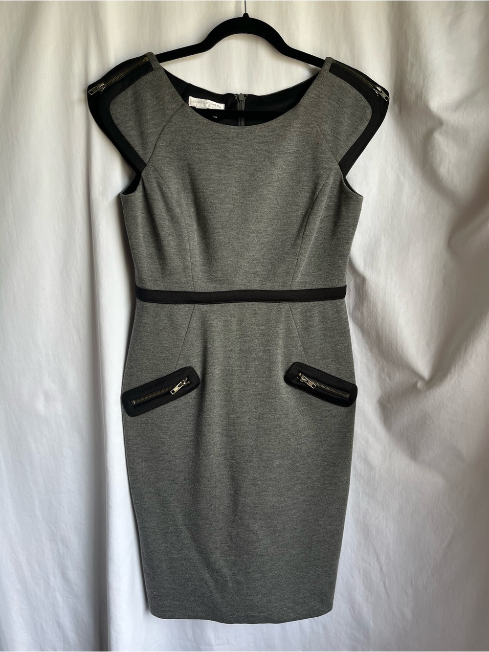 London Times Grey Sheath Dress with Black Trim